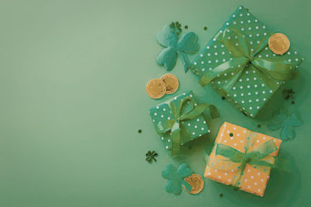 A festive arrangement of St. Patrick's Day gifts wrapped in green and orange paper with shamrocks...