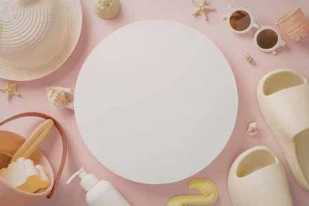 A flat lay of summer beach essentials including a white circle, sandals, sunscreen, and seashells on...