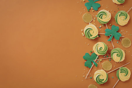 A festive arrangement of green and yellow lollipops, shamrocks, and gold coins on an orange...