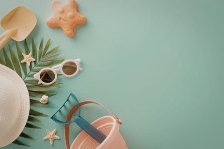 A collection of beach items on a green background