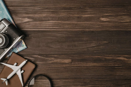 A collection of travel essentials including a camera, passport, and airplane model on a wooden...