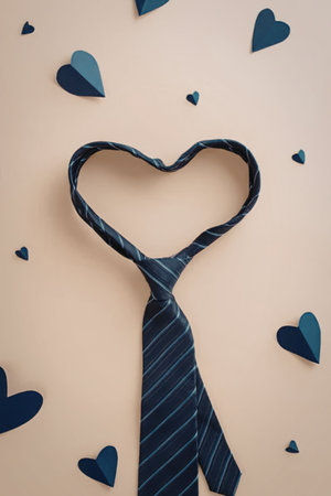 A blue striped tie shaped like a heart with blue paper hearts on a beige background