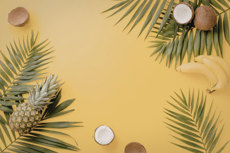 A colorful arrangement of tropical fruits and leaves on a bright yellow background, featuring a...