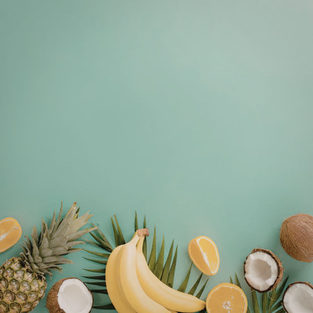 A colorful arrangement of tropical fruits including bananas, oranges, pineapple, and coconuts, set...