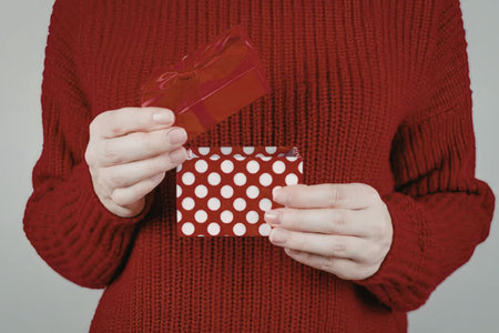 A person wearing a red sweater holding a red and white polka dot gift box with a red ribbon.