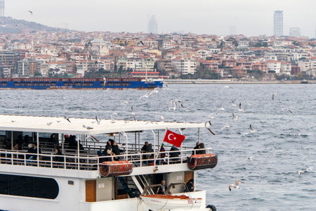 Close View of Boat Trip Vessel full of Tourists in Istanbul, Turkeyのeditorial素材