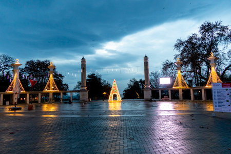 Street Christmas Lights and Reflection of Varna City, Bulgaria