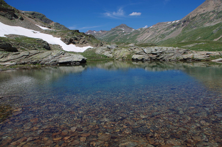 Mountain lake with ice and snow at high altitude. Alpsの写真素材
