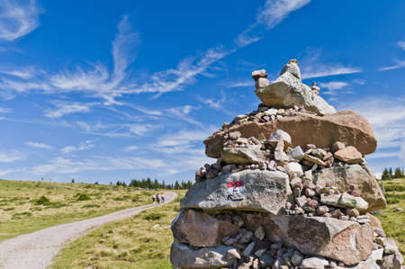 Little man of stone next to a forest road, above Avelengo in South Tyrolの写真素材