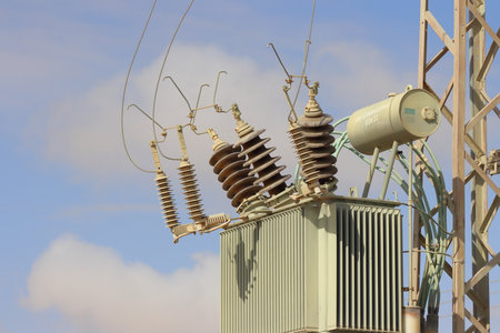 High voltage insulators on a high-voltage substation.