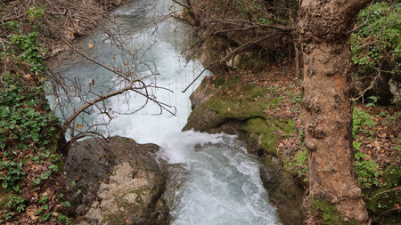 A small waterfall in the mountains of the Caucasus. Russia, Sochiの写真素材
