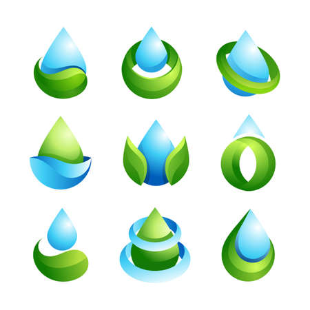 3d water drop logo design with blue and green gradient colors, set of vector icon template bundles.のイラスト素材