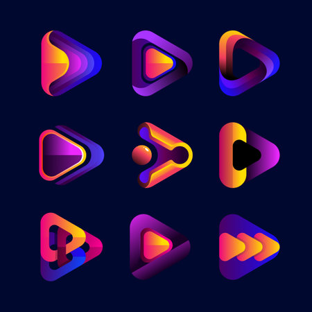 3d Play logo design with purple and orange gradient colors, set of vector icon template bundles.のイラスト素材