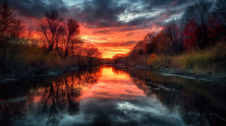 Sunset over the river in the autumn. Colorful landscape.の写真素材
