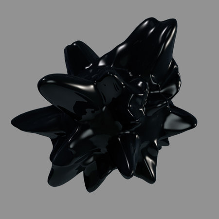 Abstract 3d render - deformed glossy black shape isolated on gray backgroundの写真素材