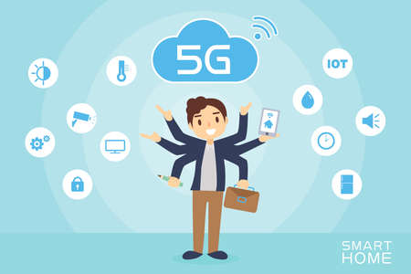 A man uses 5G Internet of Things to make his life more comfortable and wise. Smart home, electrical...