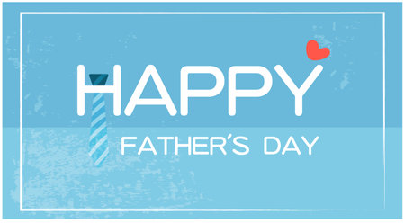 This illustration celebrates Father's Day with a blue theme, featuring a tie, cap, hearts, and a strong figure lifting dumbbells. The text "Happy Father's Day" adds a heartfelt touのイラスト素材