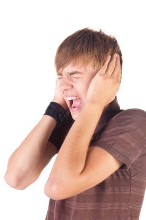  Young man screaming. Isolated on white.の写真素材