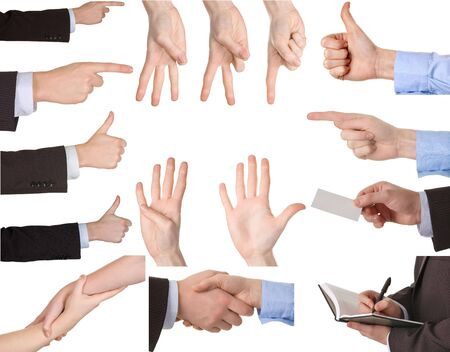  Collection of hands showing gestures Isolated over white background.の写真素材