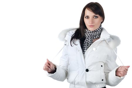 beautiful happy woman in winter clothes. On white background の写真素材