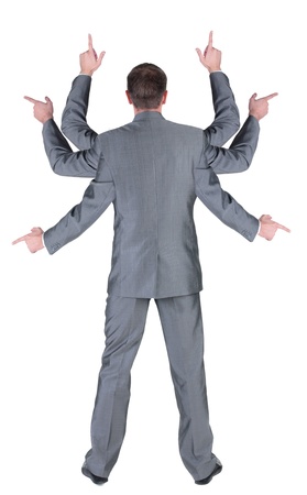 businessman with many hands pointing at wall. rear view. Isolated over white . の写真素材