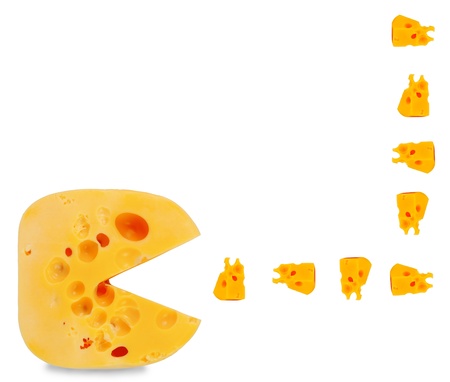 funny game hero eats cheese slices  funny cheesy concept  Isolated over white background の写真素材