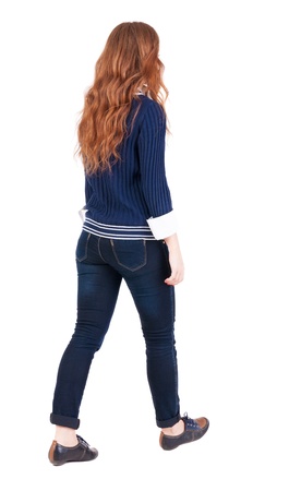 back view of walking  woman . beautiful redhead girl in motion.  backside view of person.  Rear view people collection. Isolated over white background. office worker woman goingの写真素材