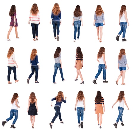 collection  back view of walking woman. going people in motion set.  backside view of person.  Rear...