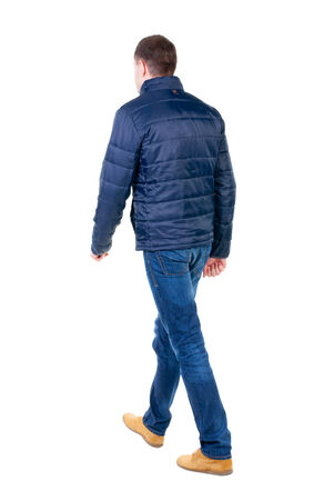 Back view of going  handsome man in jeans and jacket.  walking young guy . Rear view people collection.  backside view of person.  Isolated over white background.の写真素材