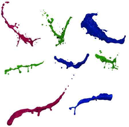 Collection of blue splashes. Set of spray droplets and purple. Isolated over white background