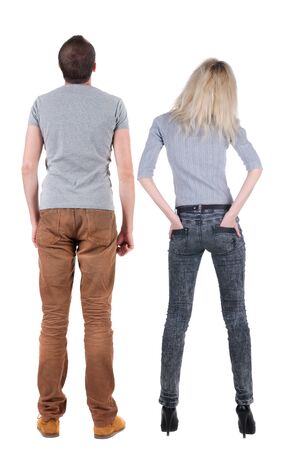 Back view of couple. beautiful friendly girl and guy together. Rear view people collection. backside view of person. Isolated over white background.の写真素材