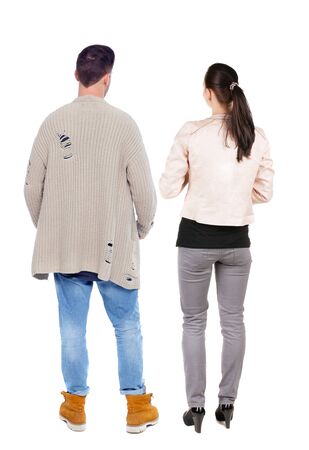 Back view of couple. beautiful friendly girl and guy together. Rear view people collection. backside view of person. Isolated over white background.の写真素材