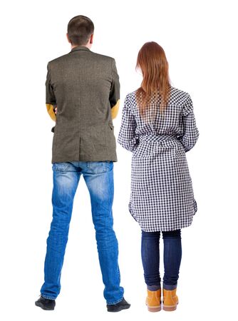 Back view of couple. beautiful friendly girl and guy together. Rear view people collection. backside view of person. Isolated over white background.の写真素材