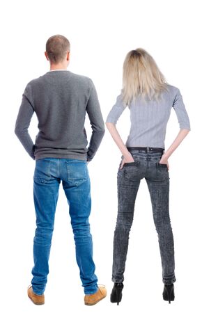 Back view of couple. beautiful friendly girl and guy together. Rear view people collection. backside view of person. Isolated over white background.の写真素材