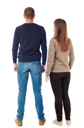 Back view of couple. beautiful friendly girl and guy together. Rear view people collection. backside view of person. Isolated over white background.の写真素材