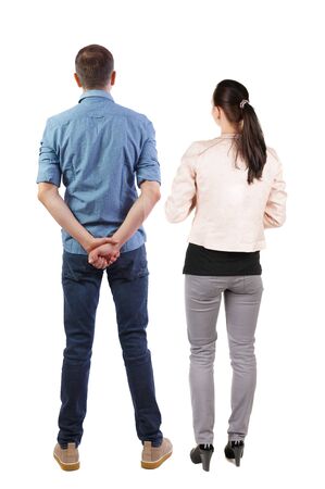 Back view of couple. beautiful friendly girl and guy together. Rear view people collection. backside view of person. Isolated over white background.の写真素材