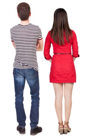 Back view of couple. beautiful friendly girl and guy together. Rear view people collection. backside view of person. Isolated over white background.の写真素材