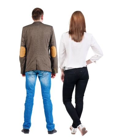 Back view of couple. beautiful friendly girl and guy together. Rear view people collection. backside view of person. Isolated over white background.の写真素材
