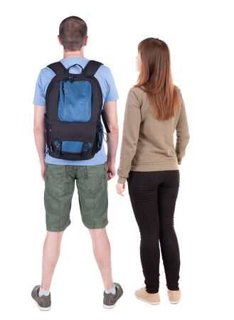 Back view of couple. beautiful friendly girl and guy together. Rear view people collection. backside view of person. Isolated over white background.の写真素材