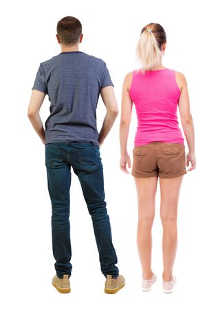 Back view of couple. beautiful friendly girl and guy together. Rear view people collection. backside view of person. Isolated over white background.の写真素材