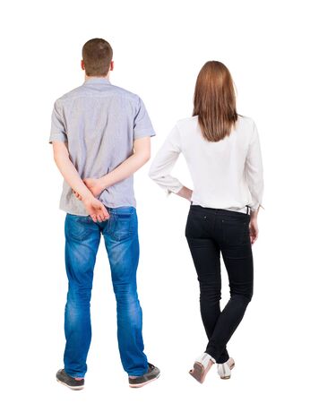Back view of couple. beautiful friendly girl and guy together. Rear view people collection. backside view of person. Isolated over white background.の写真素材