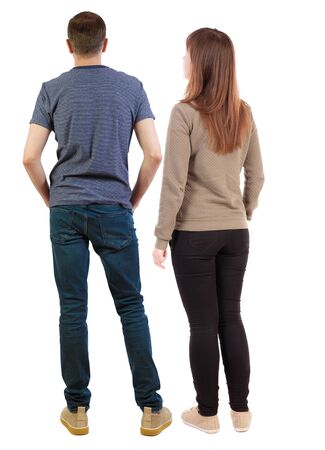 Back view of couple. beautiful friendly girl and guy together. Rear view people collection. backside view of person. Isolated over white background.の写真素材