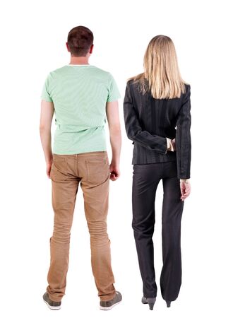 Back view of couple. beautiful friendly girl and guy together. Rear view people collection. backside view of person. Isolated over white background.の写真素材