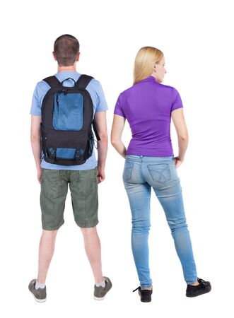 Back view of couple. beautiful friendly girl and guy together. Rear view people collection. backside view of person. Isolated over white background.の写真素材