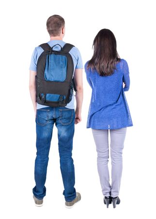 Back view of couple. beautiful friendly girl and guy together. Rear view people collection. backside view of person. Isolated over white background.の写真素材