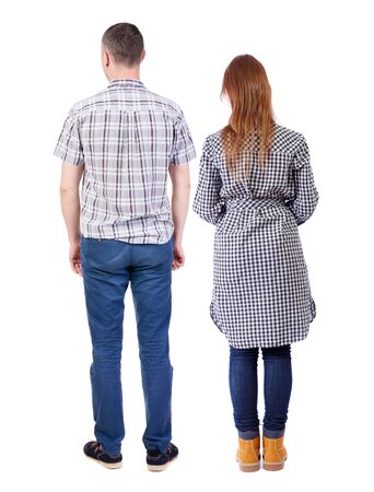 Back view of couple. beautiful friendly girl and guy together. Rear view people collection. backside view of person. Isolated over white background.の写真素材