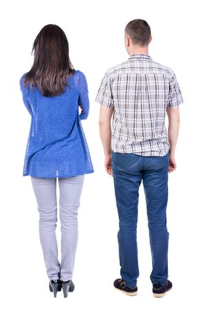 Back view of couple. beautiful friendly girl and guy together. Rear view people collection. backside view of person. Isolated over white background.の写真素材