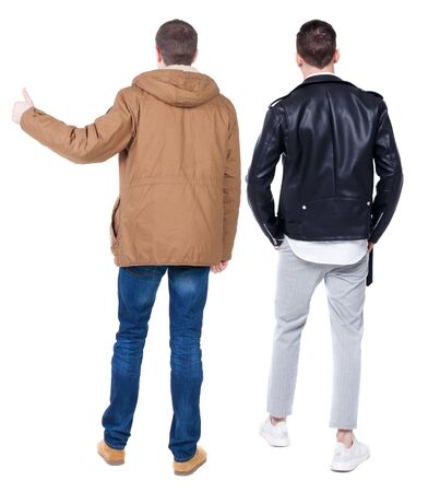Back view of two man in winter jacket showing thumb up. Rear view people collection. backside view of person. Isolated over white background.の写真素材