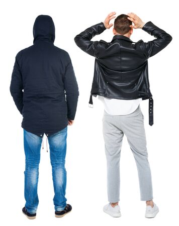 Back view of couple in winter jacket. beautiful friendly girl and guy together. Rear view people collection. backside view of person. Isolated over white background.の写真素材