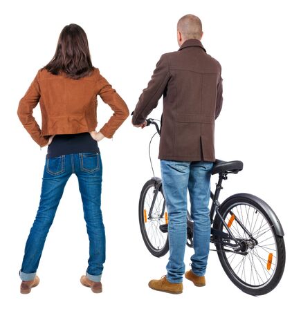 Back view of couple in winter jacket. man on a bicycle and a woman. Rear view people collection. backside view of person. Isolated over white background.の写真素材